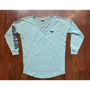 Victoria's Secret Love Pink Henley Sleep Shirt Long Sleeve Small Blue Green